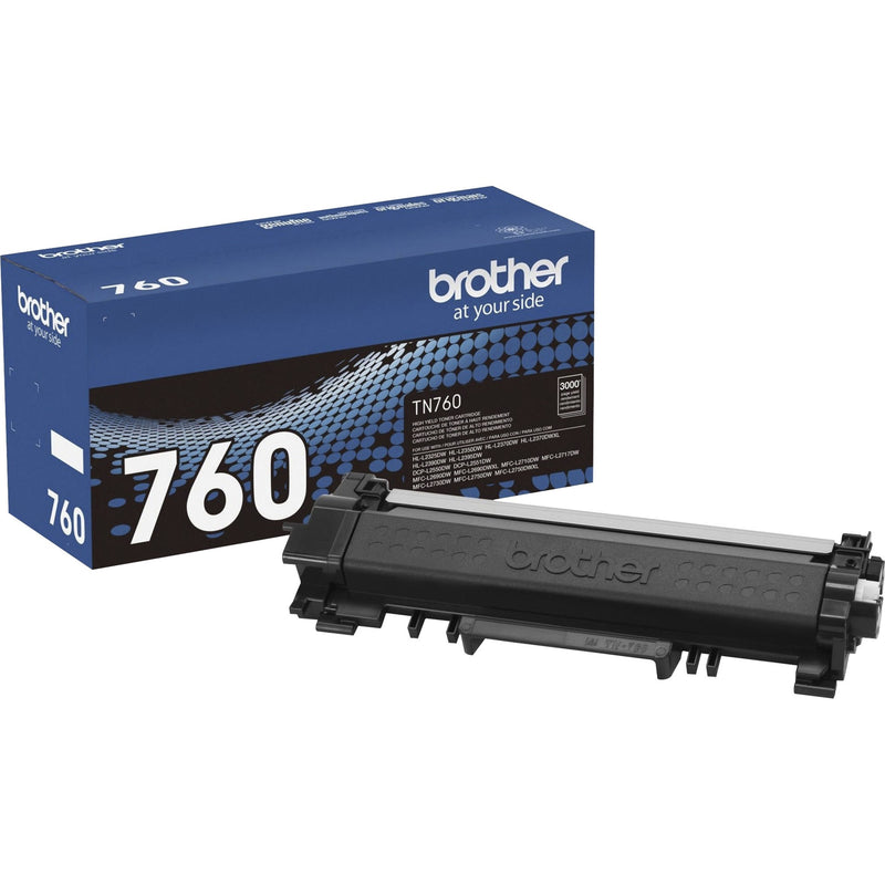 Brother TN-760 genuine high-yield black toner cartridge with packaging and cartridge displayed