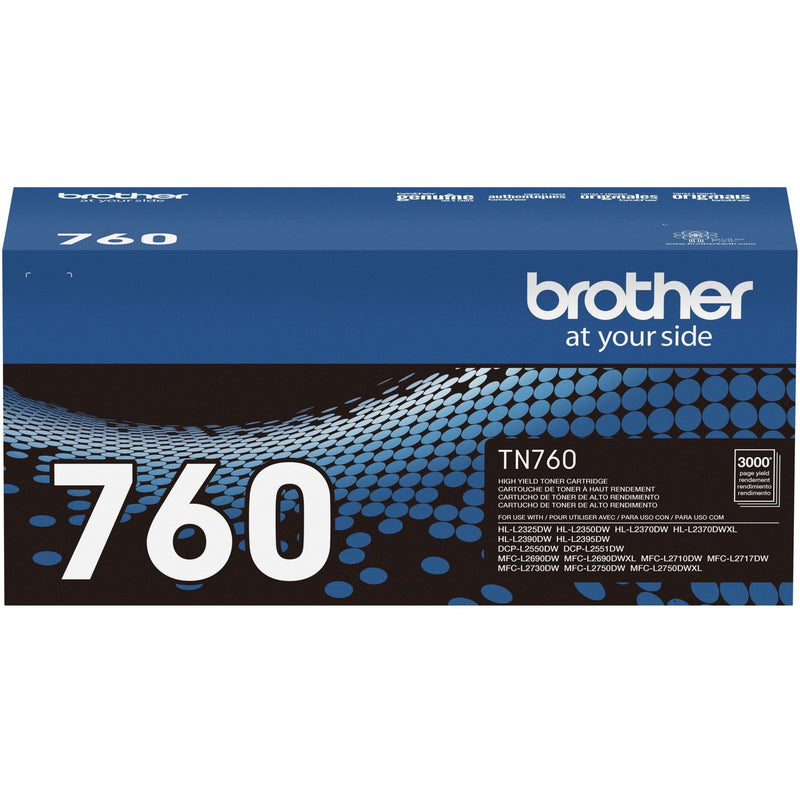 Brother TN-760 genuine toner cartridge retail packaging showing product details and specifications