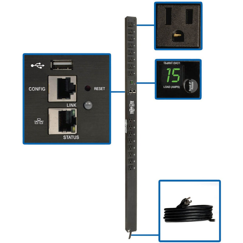 Network interface panel of Tripp Lite PDU showing configuration ports, status indicators, and digital display