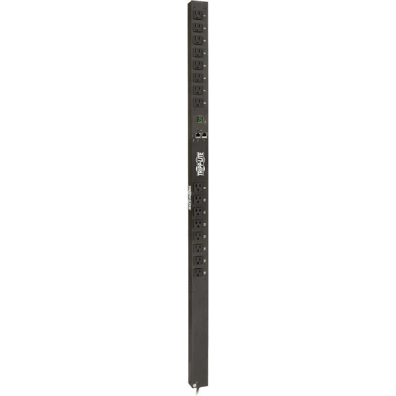 Full-length view of Tripp Lite PDU showing 16 outlets and network interface