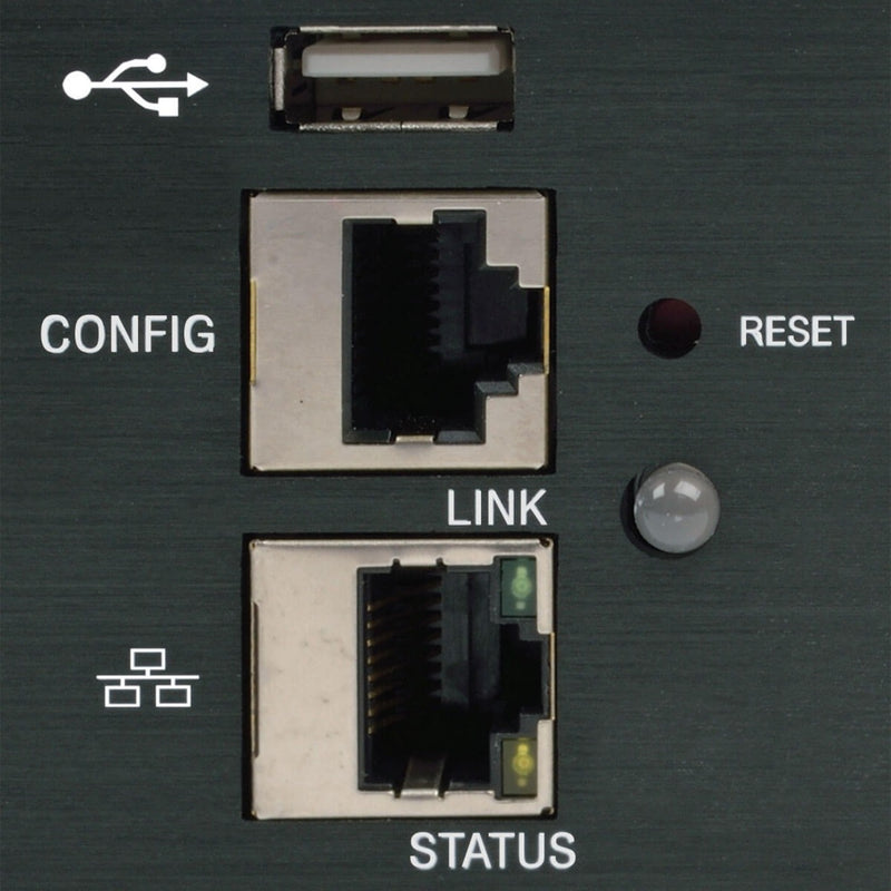 Detailed view of PDU network configuration interface with USB and network ports