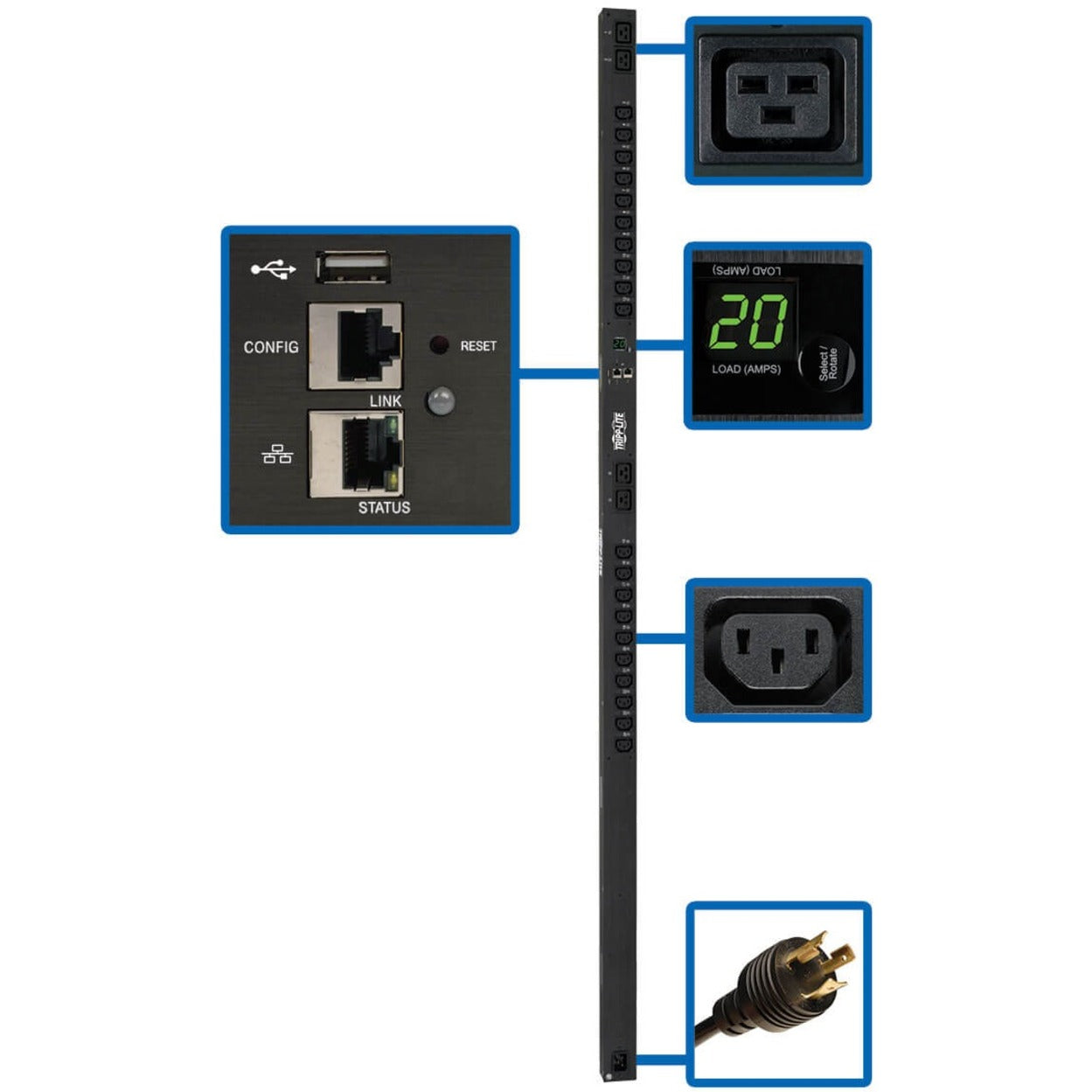 Network interface panel of PDU showing USB, configuration port, network status indicators and digital load display-alternate-image1