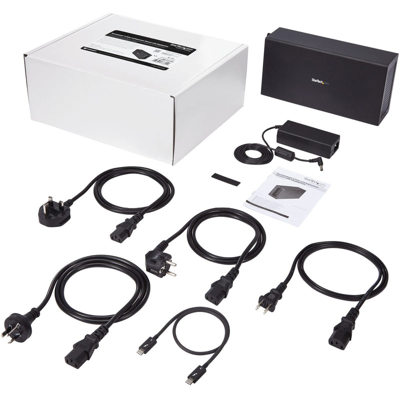 Complete package contents of TB31PCIEX16 including chassis, cables, power adapters, and documentation