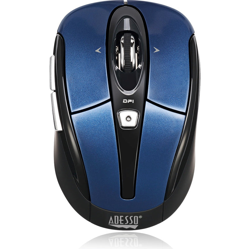 Top view of Adesso iMouse S60L wireless mouse in metallic blue with black accents