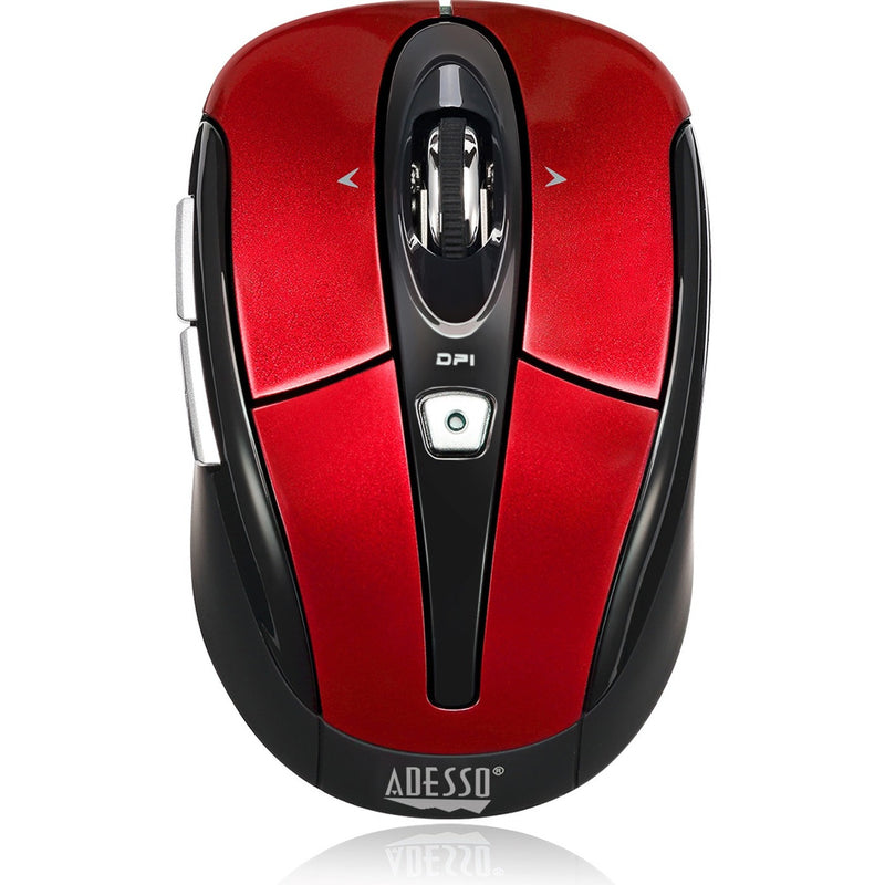 Front view of Adesso iMouse S60R wireless mouse in metallic red with black accents and DPI switch