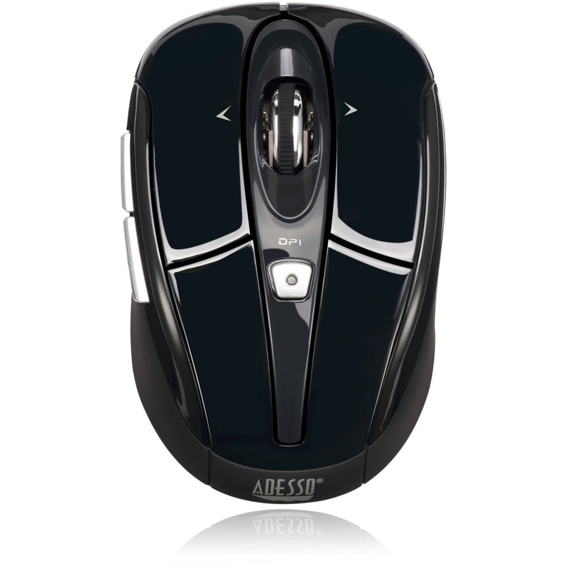 Top view of Adesso iMouse S60B wireless mouse showing sleek black design with silver accents