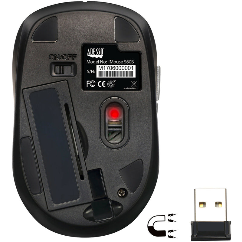 Bottom view of mouse showing receiver storage and controls