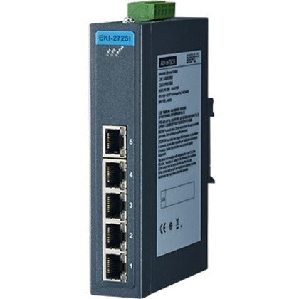 Front view of Advantech EKI-2725I-CE industrial ethernet switch showing 5 Gigabit ports and power terminal