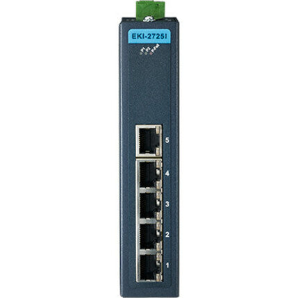 Side view of EKI-2725I-CE switch displaying numbered Gigabit ports and compact form factor