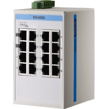 EKI-5526I industrial Ethernet switch with 16 Fast Ethernet ports, featuring a white housing and blue accent stripe