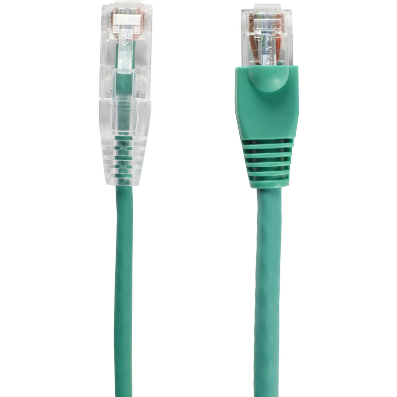 Side-by-side comparison of both ends of the green Cat6a network cable showing transparent connectors and strain relief boots