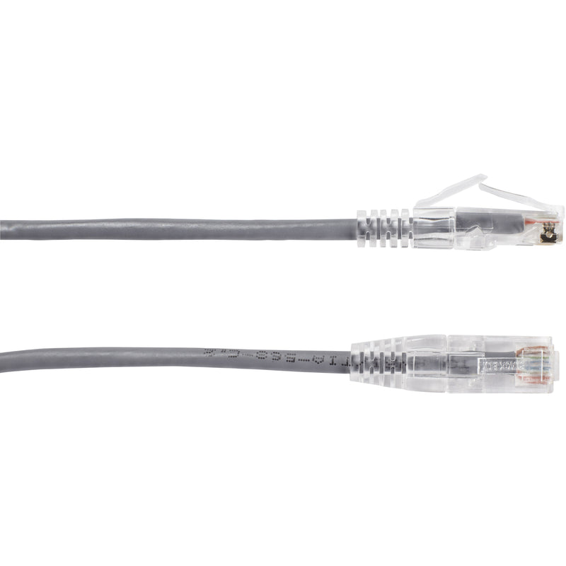 Side view of slim Cat6a network cable showing flexible gray jacket and snagless connector boots