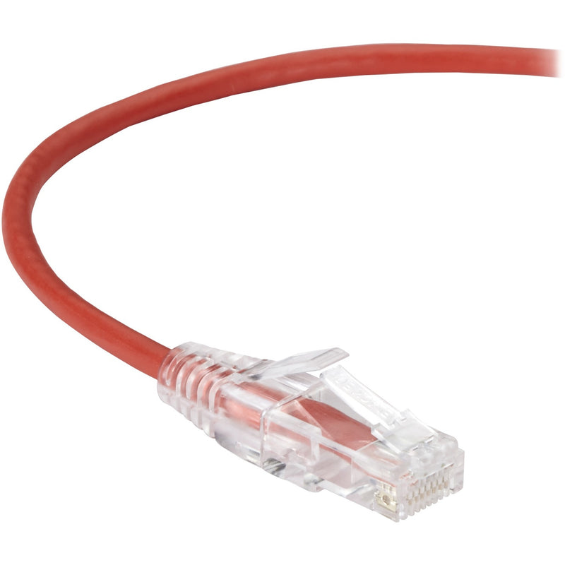 Close-up view of red Cat6a slim network cable with transparent RJ-45 connector showing gold-plated contacts