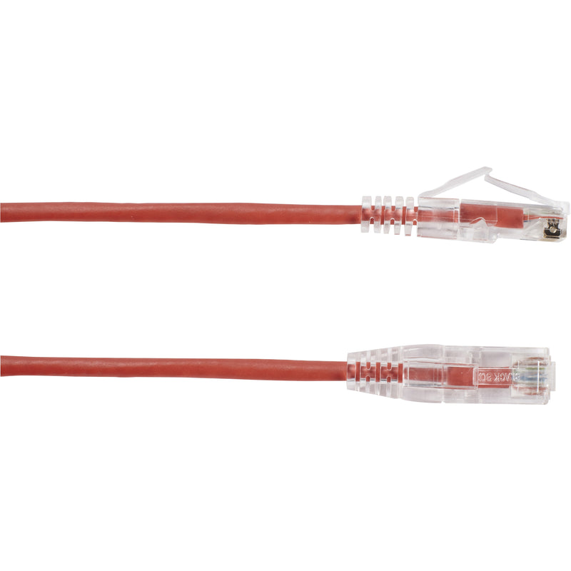 Side view of red slim Cat6a patch cable showing thin profile and clear snagless boot design