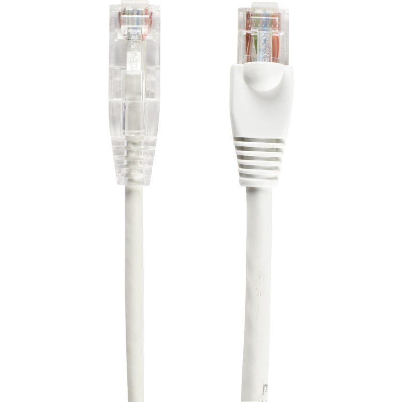 Side-by-side comparison of both RJ-45 connectors on the white Cat6a slim network cable showing strain relief boots