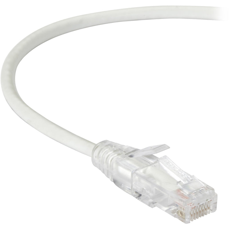 Close-up view of white Cat6a slim network cable with transparent RJ-45 connector and strain relief boot