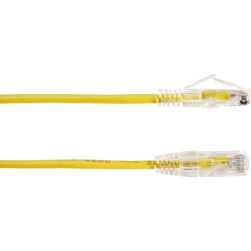 Detailed view of yellow Cat6a cable length showing consistent construction and clear RJ-45 terminations