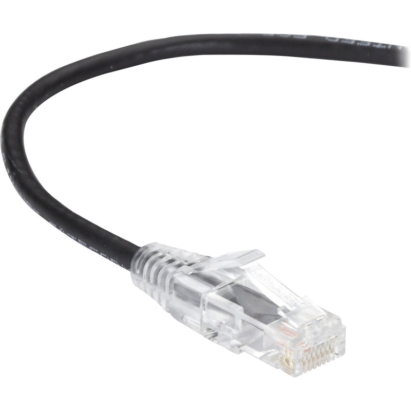 Close-up of Black Box Slim-Net Cat6 cable showing transparent RJ-45 connector and black cable jacket