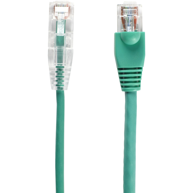 Detailed comparison of both ends of the Cat.6 cable showing snagless boot design and transparent RJ-45 connectors