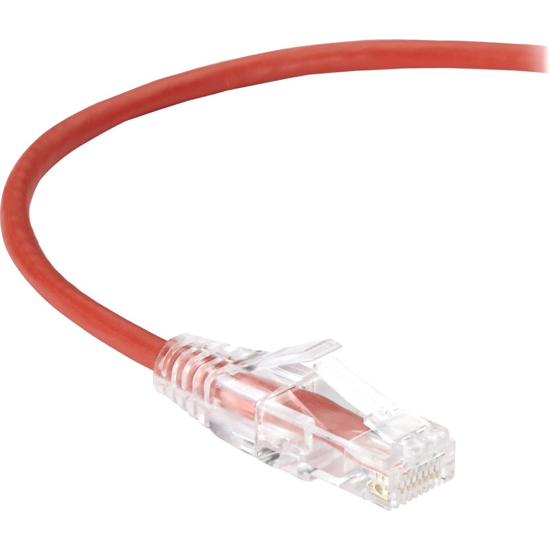 Close-up view of red Cat.6 network cable with transparent RJ-45 connector showing gold-plated contacts