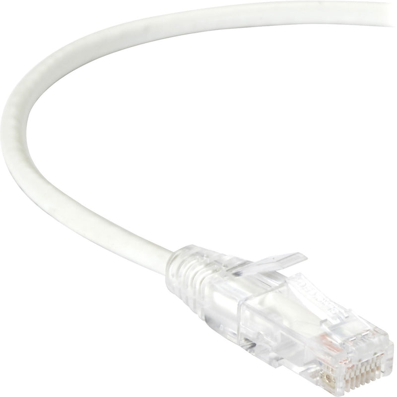 Close-up view of white Cat6 network cable with clear RJ-45 connector and snagless boot