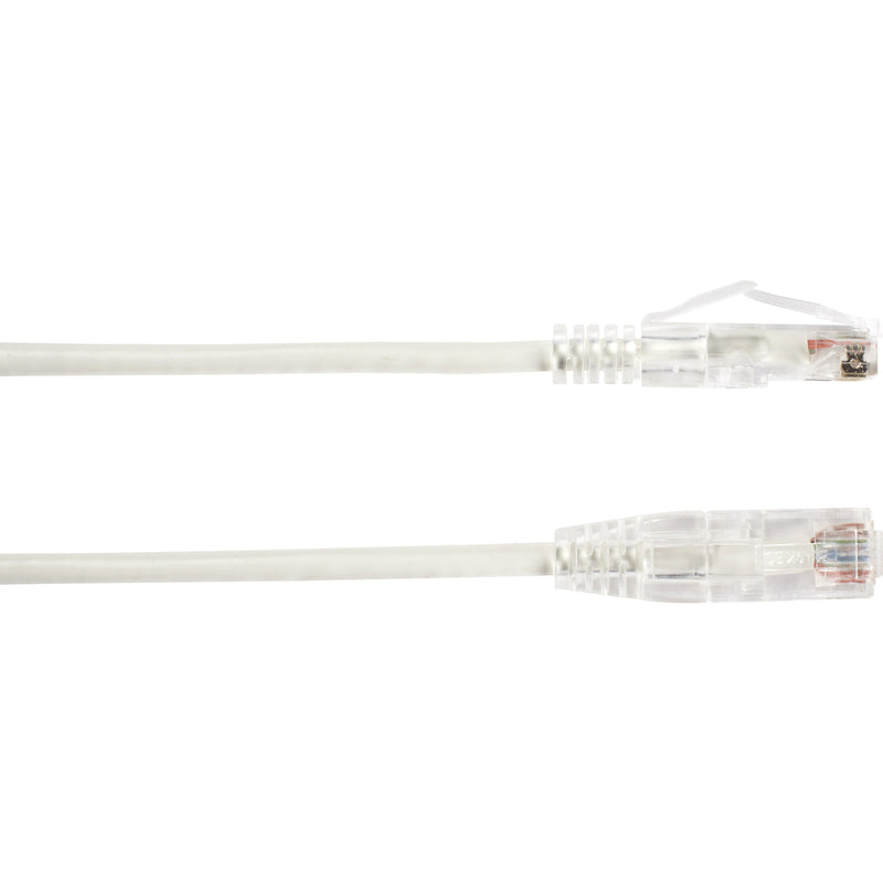 Side view of white Cat6 patch cable showing both RJ-45 connectors