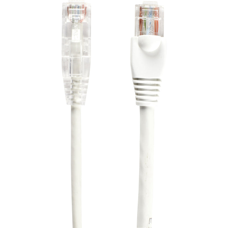 Close-up comparison of transparent and white-booted RJ-45 connectors on Cat6 cable