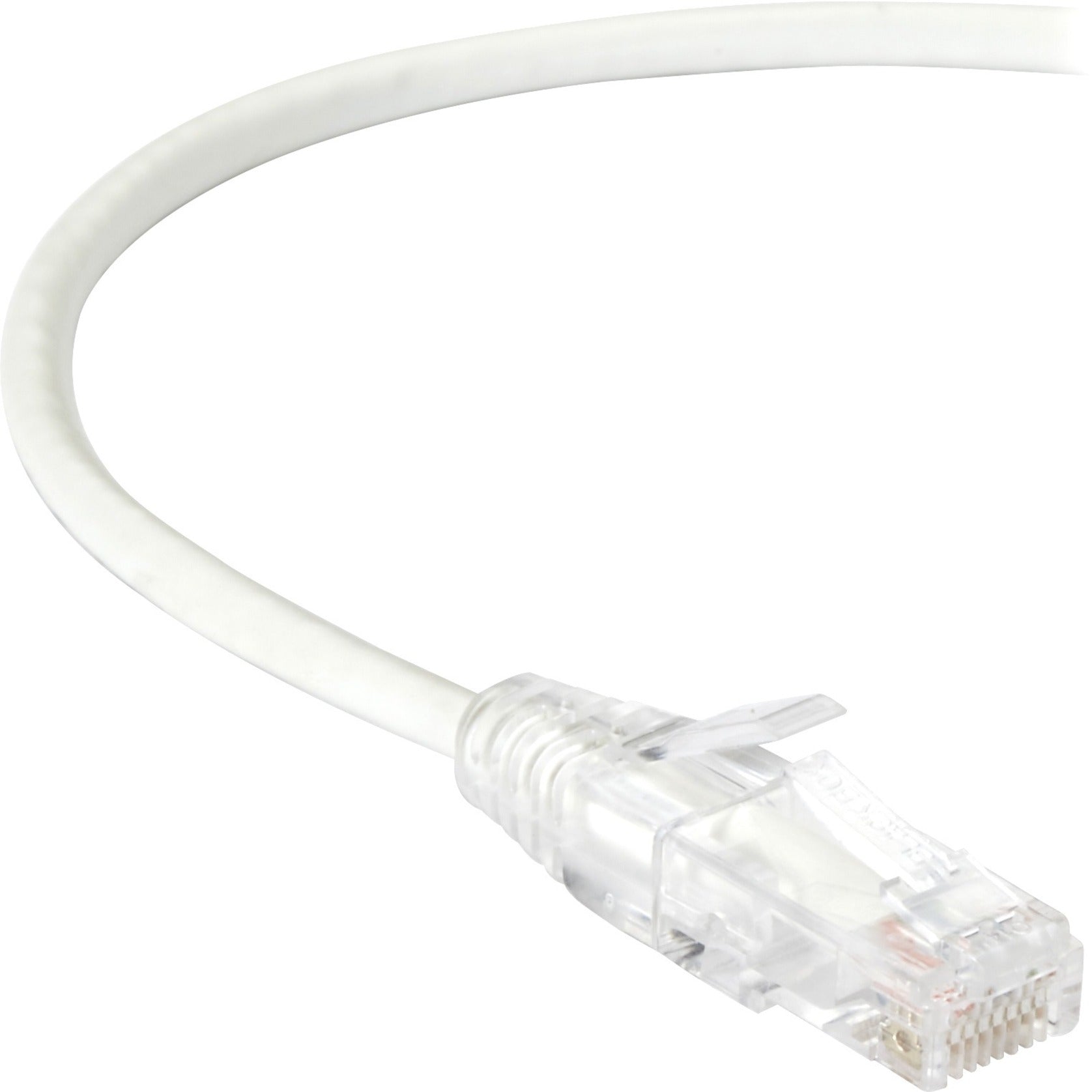 Close-up view of white Cat.6 network cable with transparent RJ-45 connector and snagless boot-alternate-image1