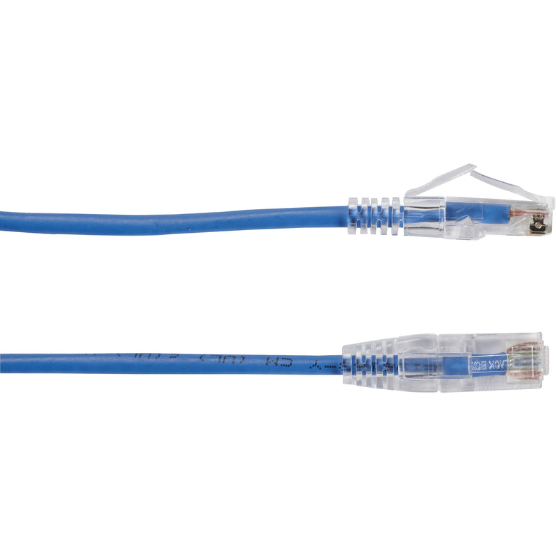 Side view of slim blue Cat.6a network cable showing flexible cable design and clear RJ-45 connectors