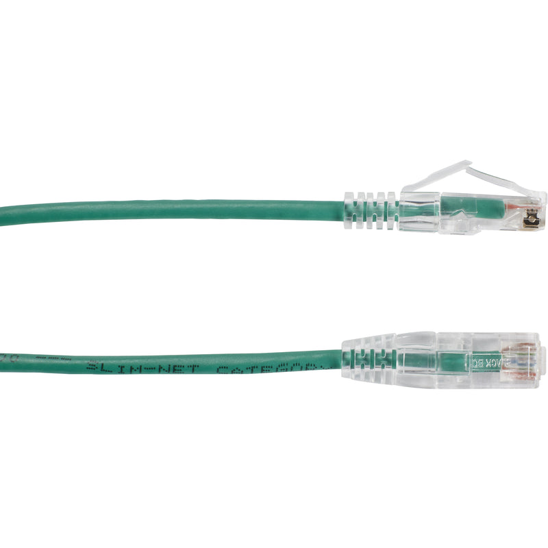 Dual-ended view of green Cat6a network cable showing both RJ-45 connectors with strain relief boots and cable markings