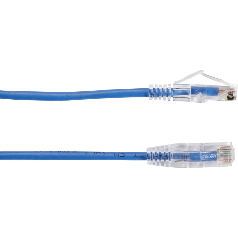 Detailed view of slim blue Cat.6 cable showing flexible design and dual RJ-45 connectors