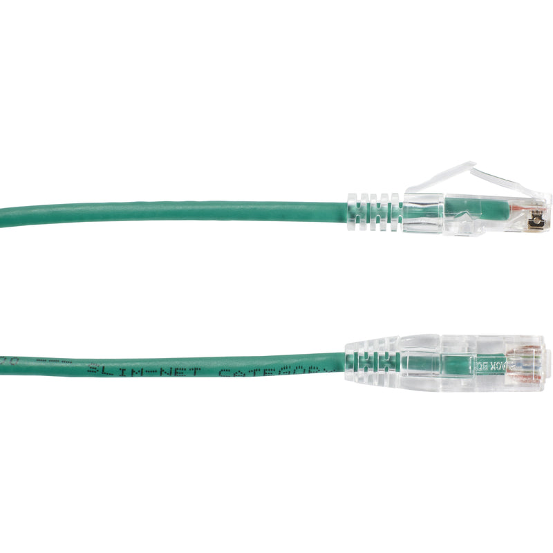 Detailed view of green Cat6 cable flexibility with transparent RJ-45 connectors at both ends