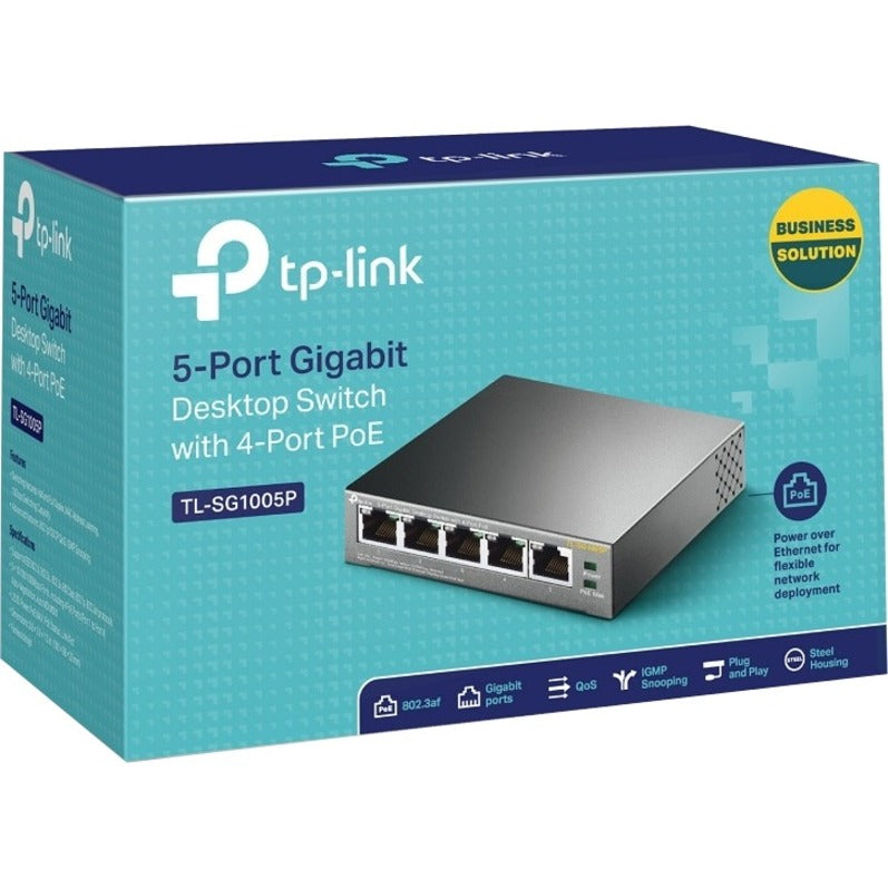 TP-Link TL-SG1005P retail box showing product features and specifications