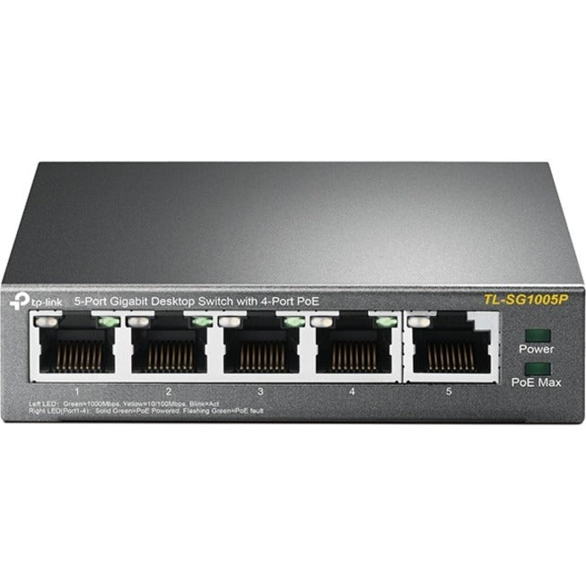 Front view of TP-Link TL-SG1005P 5-port gigabit switch with 4 PoE ports