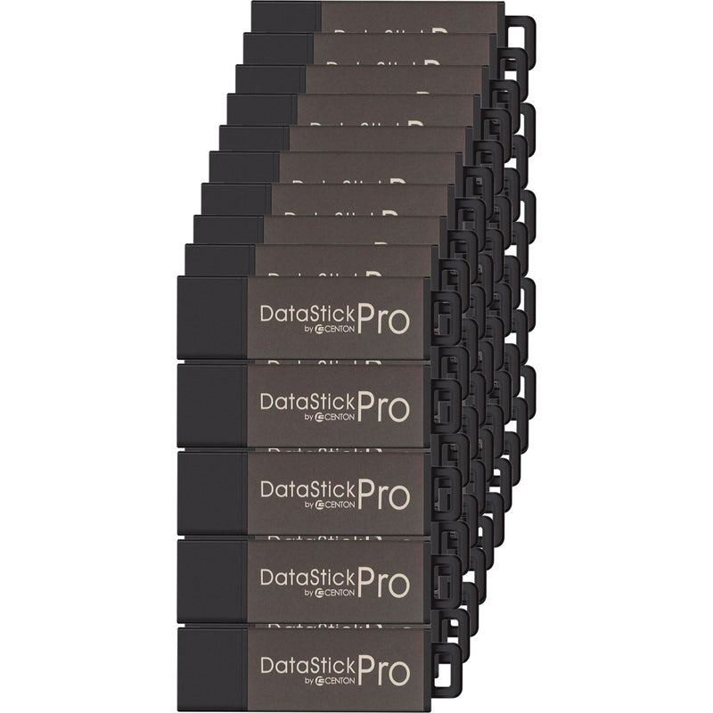 Stack of multiple Centon DataStick Pro 16GB USB flash drives arranged in a cascading pattern showing uniform gray and black design