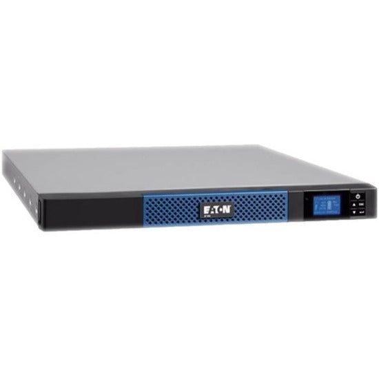 Front view of Eaton 5P1550GR-L rackmount UPS showing blue ventilation panel and LCD display