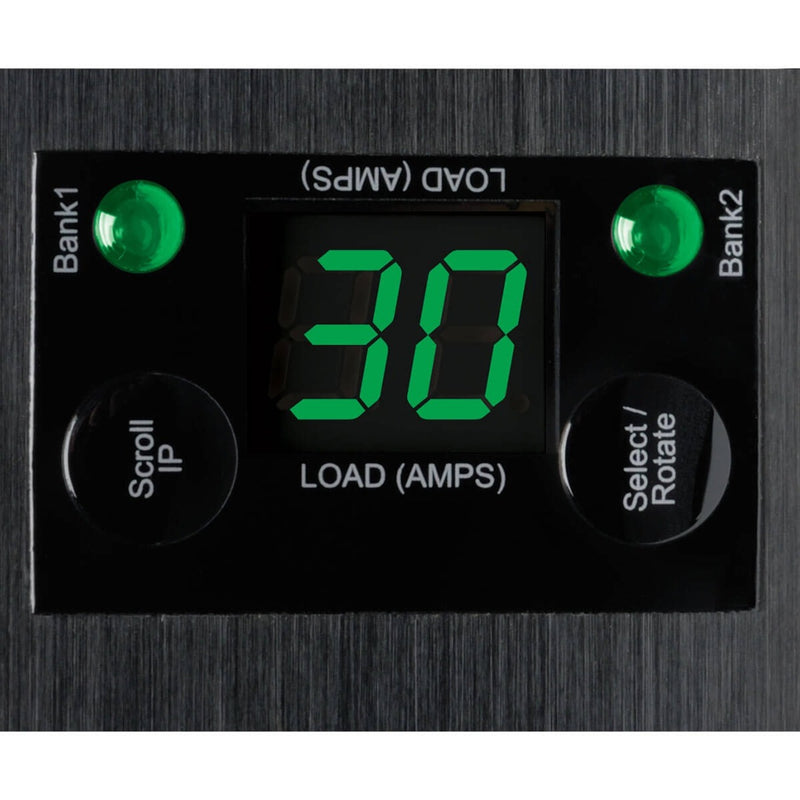 Close-up of PDU's digital load monitoring display showing amperage readings and bank status