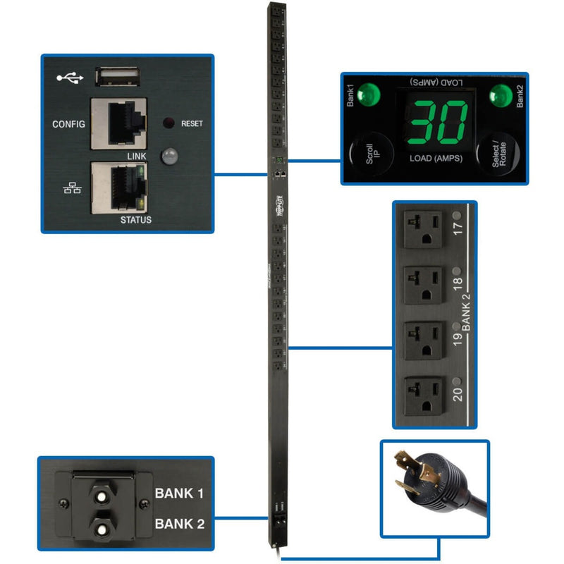 Network interface control panel of Tripp Lite PDU showing USB, LINK and STATUS ports with digital load monitoring display