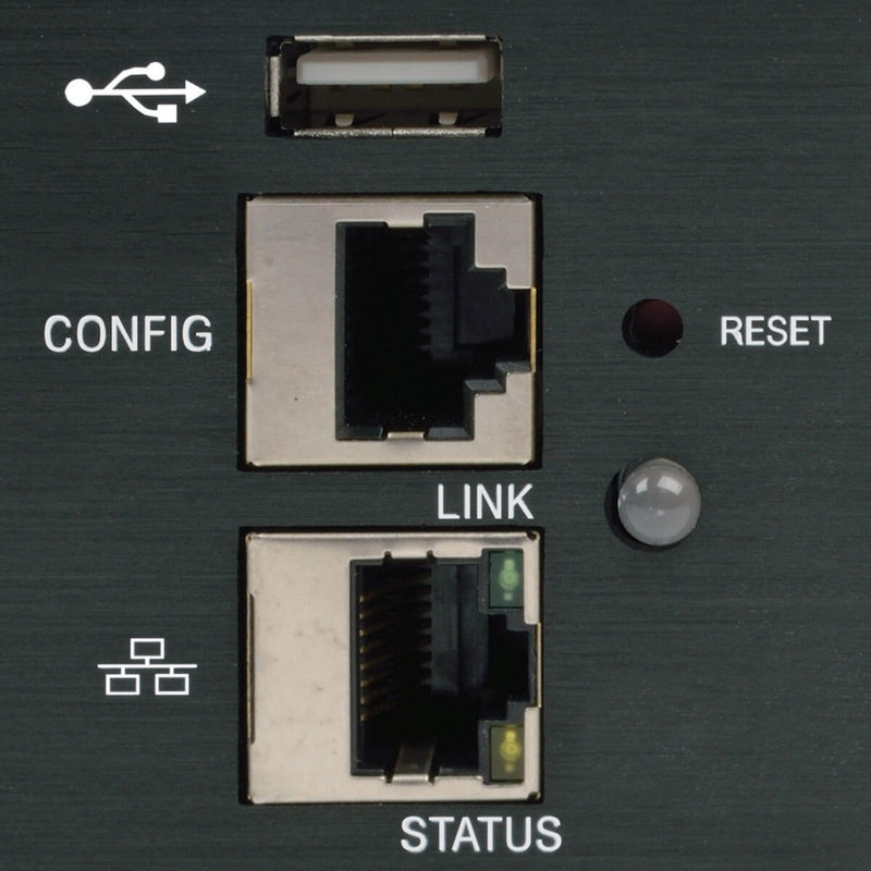 Detailed view of PDU network interface showing configuration ports and status indicators