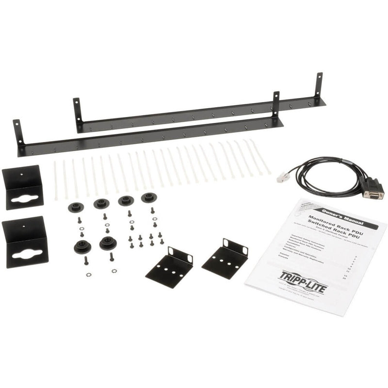 Complete PDU installation kit showing mounting hardware, cable management accessories, and documentation