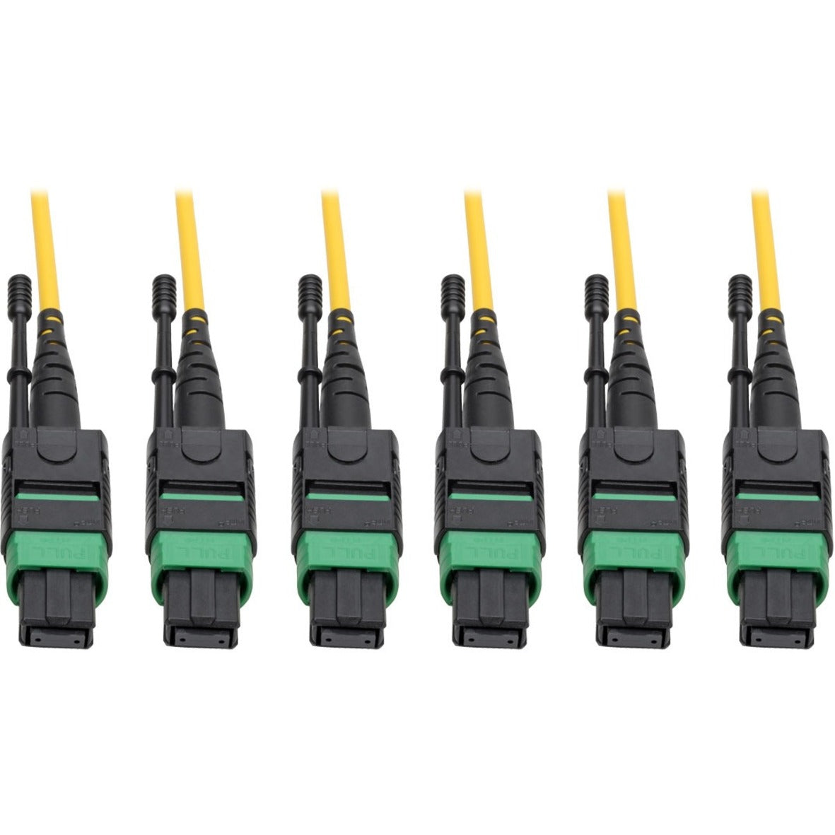 Six MTP/MPO fiber optic connectors with green bands and yellow cables arranged in parallel-alternate-image1