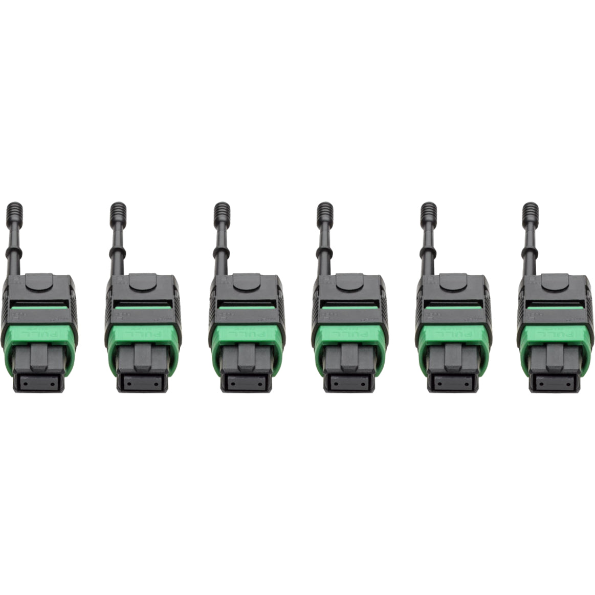 Close-up view of six MTP/MPO connectors with green bands arranged horizontally-alternate-image4