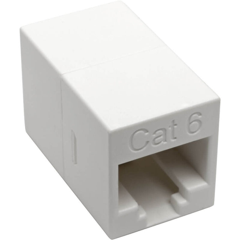 Side view of white Cat6 RJ45 inline coupler showing Cat6 label and connector port