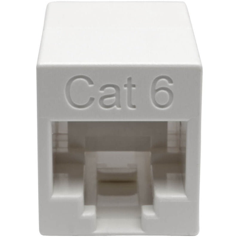 Front view of white Cat6 coupler showing RJ45 port and embossed Cat6 labeling