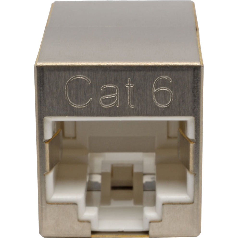 Close-up view of Tripp Lite Cat6 coupler's RJ45 female port and Cat6 marking on metal housing-alternate-image2