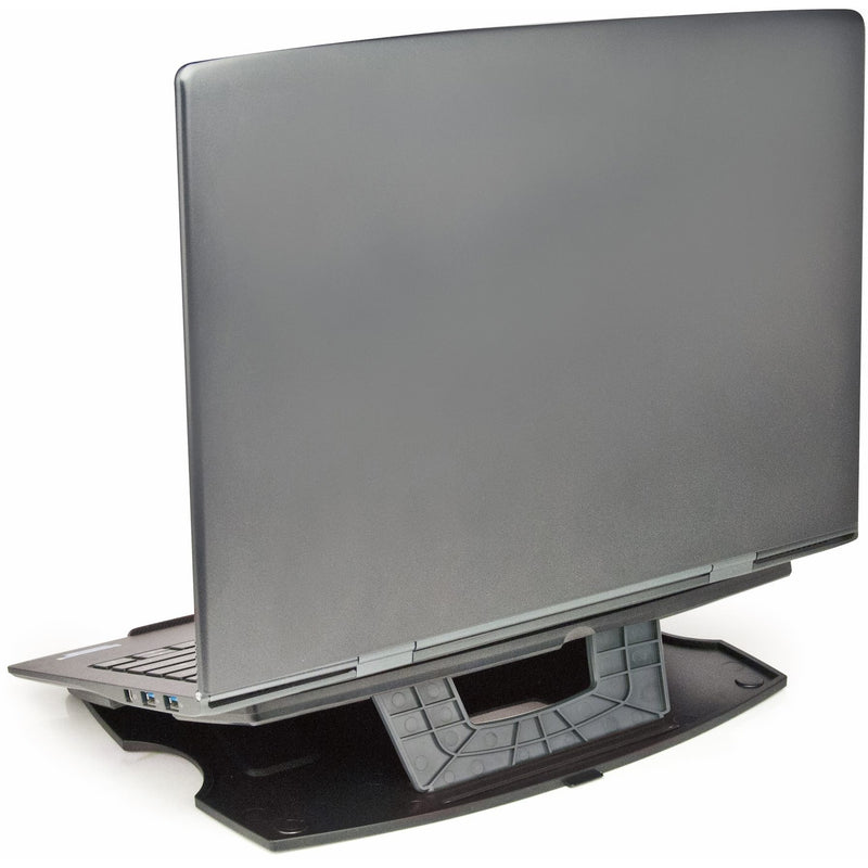 Rear view of laptop stand showing structural support and sleek design