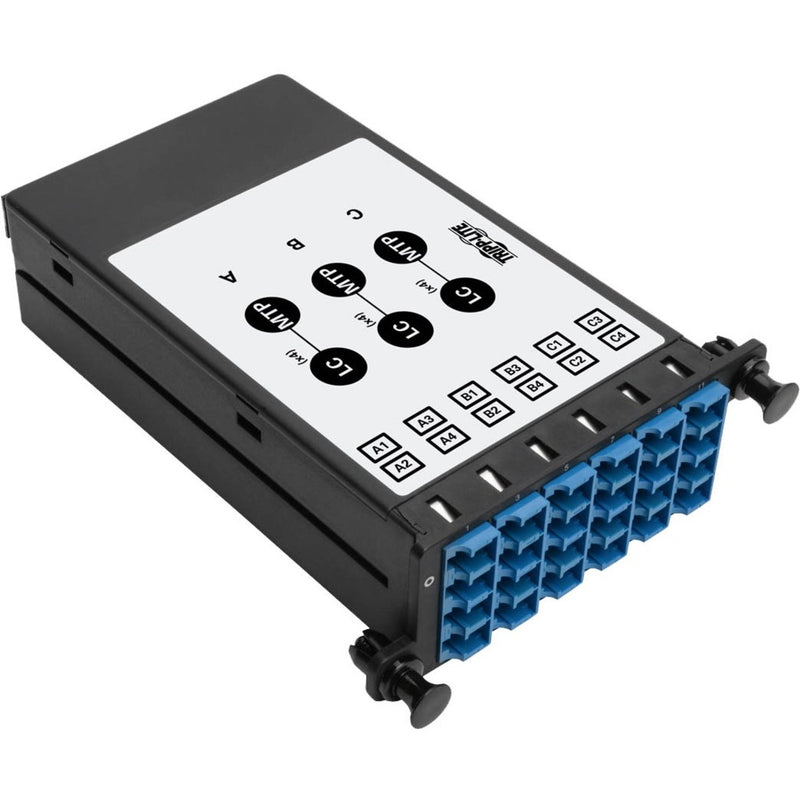 Top view of Tripp Lite N482-3M8L12S fiber optic cassette showing MTP ports and port mapping diagram