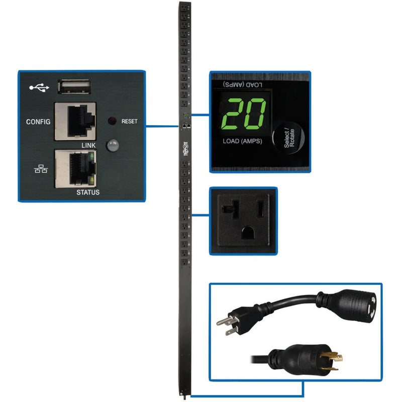 Network interface panel of PDU showing USB, ethernet ports and status indicators