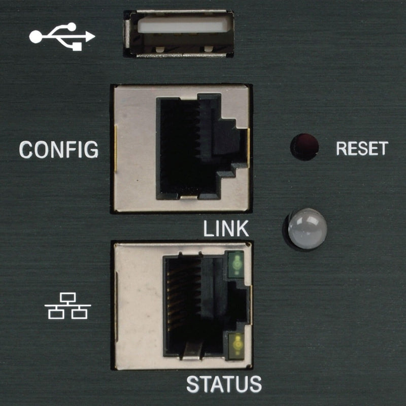 Close-up of PDU network configuration interface with labeled ports