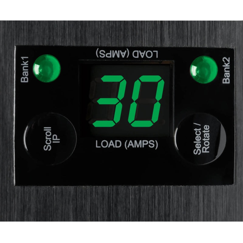 Close-up of digital LED display showing amperage load monitoring and bank status indicators